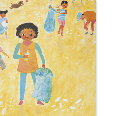 Ilustração de crianças a apanhar lixo num local amarelo