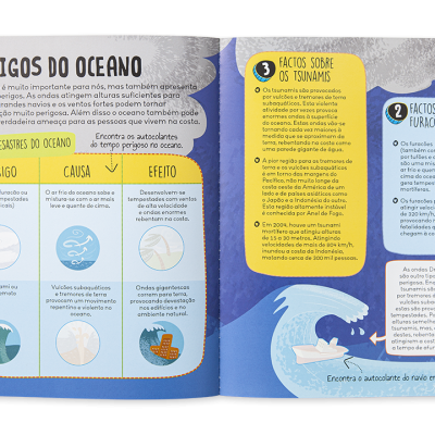 Página de livro infantil com textos e ilustrações educativas sobre perigos do oceano e fenómenos naturais.
