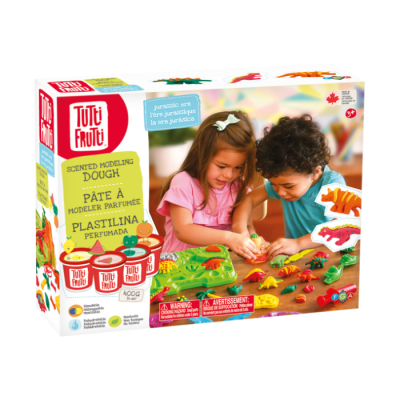 Conjunto de plastilina perfumada Tutti Frutti para crianças com texto em várias línguas e imagem de duas crianças a brincar