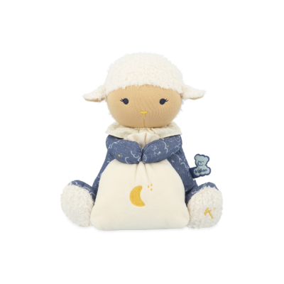 Boneco de pelúcia ovelha em tecido creme, branco e azul escuro com padrão de estrelas