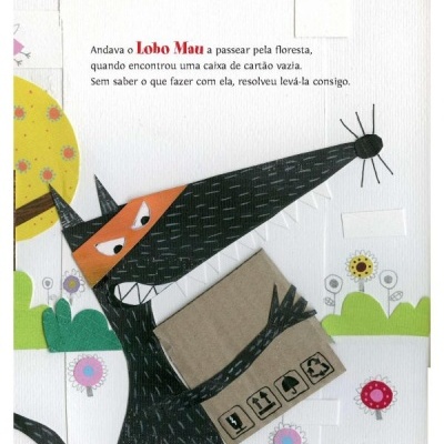 Desenho de um lobo preto a segurar uma caixa de cartão numa paisagem com flores e sol