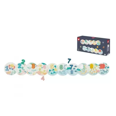 Conjunto de 10 pratos numerados com ilustrações infantis e caixa azul escuro