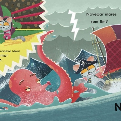 Cena de história em quadrinhos com polvo rosa, piratas e mar tempestuoso, texto em português