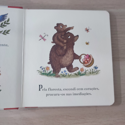Página de livro infantil com ilustração de dois ursos castanhos e texto em português.