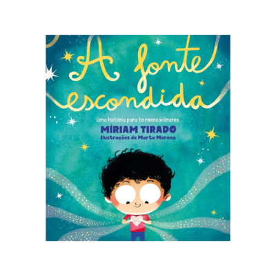 Capa do livro infantil A fonte escondida com figura de criança e estrelas