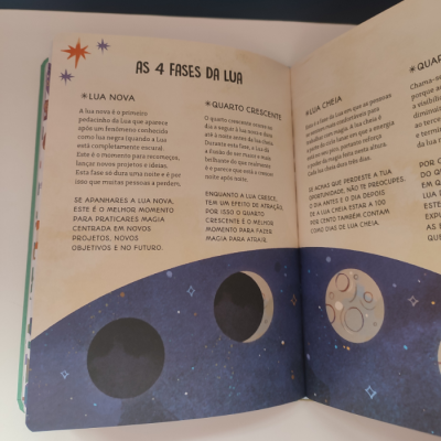 Livro aberto com texto e ilustrações das quatro fases da lua