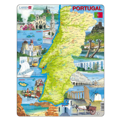 Puzzle com mapa turístico de Portugal e ilhas, mostrando pontos turísticos e textos distintivos.