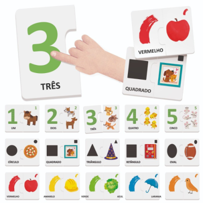 Cartões educativos com números, formas, cores e palavras em português