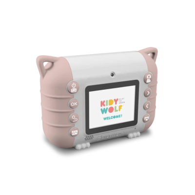 Câmara digital infantil branca e rosa com ecrã colorido e botões laterais redondos