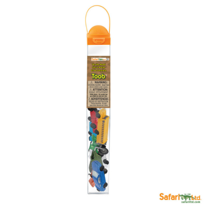 Pacote transparente com tampa laranja contendo carros de brinquedo coloridos Safari Ltd.