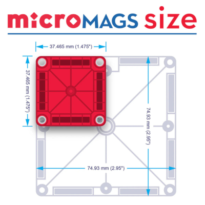 Cubo magnético vermelho com dimensões em milímetros e polegadas e texto microMAGS size