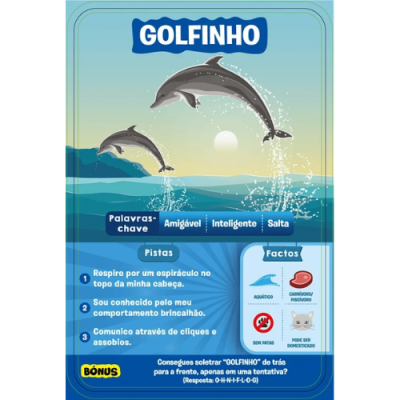 Cartão de jogo com ilustração de golfinhos e texto em português