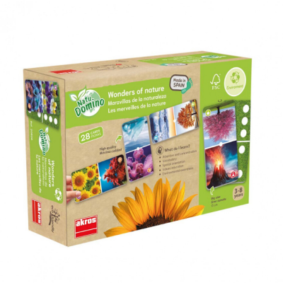 Caixa de jogo Natura Domino Akros com imagens da natureza e selo FSC