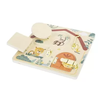 painel de madeira com atividades infantis coloridas e fechos