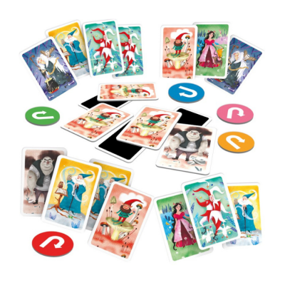 Cartas de jogo coloridas com ilustrações de personagens e animais e cartões redondos coloridos com setas.
