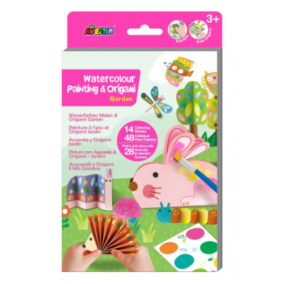 Caixa de aguarelas e origami tema jardim com desenhos de coelho e insetos