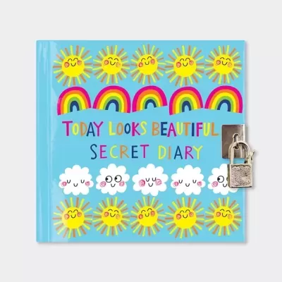Diário secreto azul com códico e desenhos de sóis, arco-íris e nuvens sorridentes