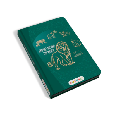 Caderno verde com desenhos dourados de animais e texto Animals Around The World.