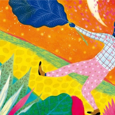 Ilustração vibrante com figura humana azul e cenário colorido com folhas e estrelas