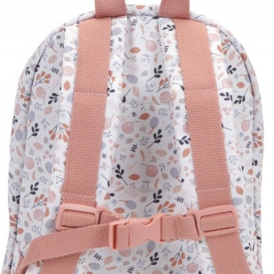 Mochila branca com padrão floral e alças rosa acolchoadas