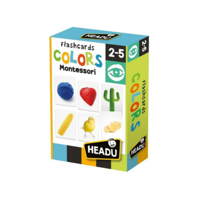 Embalagem de flashcards Montessori COLORS para crianças com imagens coloridas de objetos e texto em inglês.