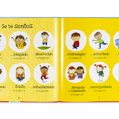 Livro infantil aberto com ilustrações de crianças mostrando emoções e legendas em português