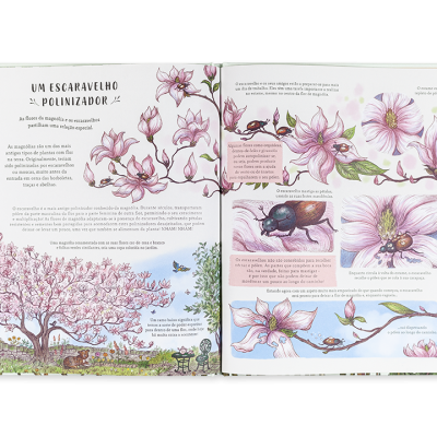 Páginas de livro ilustrado mostrando flores cor-de-rosa e um escaravelho com texto em português