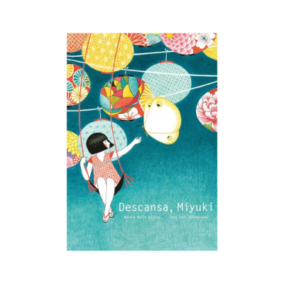 Capa de livro 'Descansa, Miyuki' com ilustração de menina num baloiço e borboleta