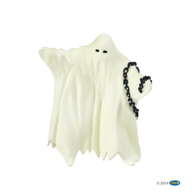 Figura de fantasma branco com olhos negros e corrente preta em fundo branco