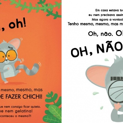 Ilustração de guaxinim cinza com texto em português em fundo laranja e branco