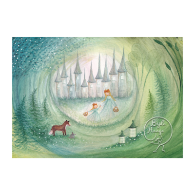 Ilustração de fantasia com figuras femininas, cavalo, castelo e árvores em tons verdes e azuis.