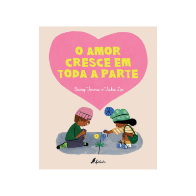 Capa de livro infantil com coração rosa e texto amarelo, duas crianças sentadas observando uma flor