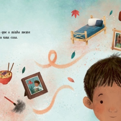 Desenho infantil de menino com objetos diversos flutuando e texto em português.