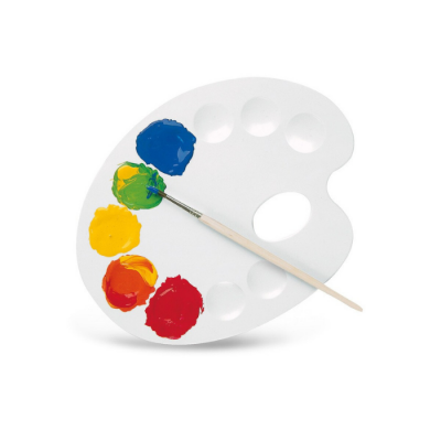 Paleta branca com tinta colorida e pincel