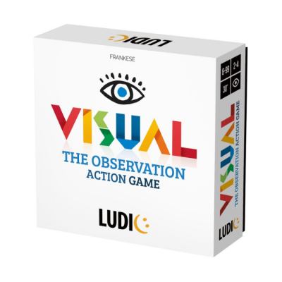 Caixa branca do jogo Visual The Observation Action Game com letras coloridas e imagem de um olho azul.