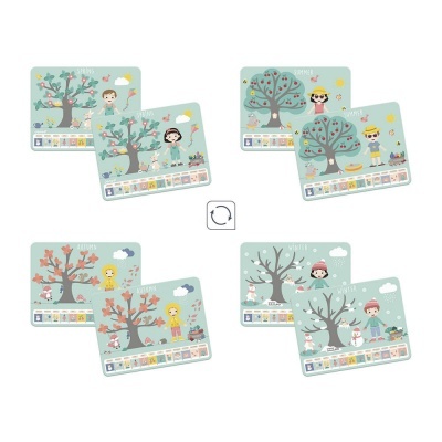Quatro conjuntos de cartões ilustrados com árvores e personagens infantis em diferentes estações