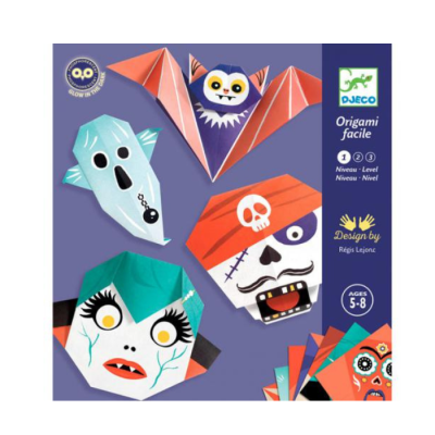 Embalagem de origami Djeco com figuras de Halloween em papel colorido