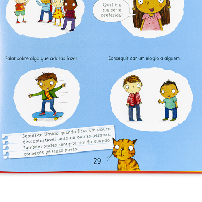 Página azul de livro infantil com desenhos de crianças dentro de círculos e texto em português.