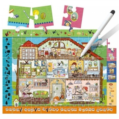 Puzzle de uma casa com várias divisões e personagens, com peças soltas e uma caneta a marcar.
