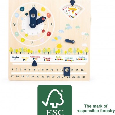 Relógio educativo em madeira com calendário, termómetro e indicador de humidade, com selo FSC.