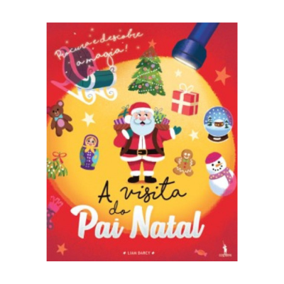 Capa de livro ilustrada com Pai Natal e elementos natalícios sobre fundo vermelho e amarelo