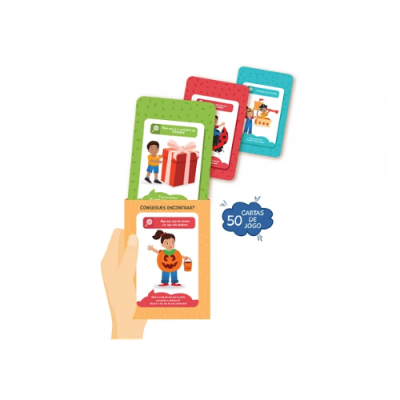 Cartões de jogo coloridos para crianças com texto em português e ilustrações de personagens.