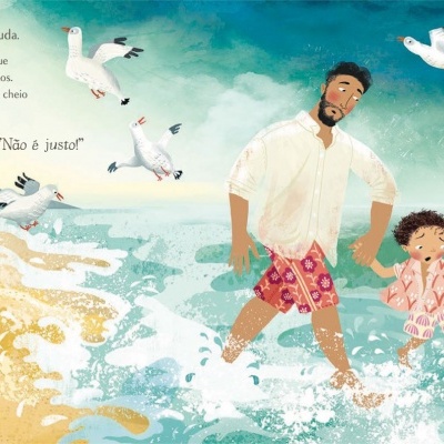 Ilustração de família na praia com mar, gaivotas e areia