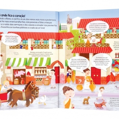 Páginas de livro infantil ilustrado com cenário de vila romana e texto em português.