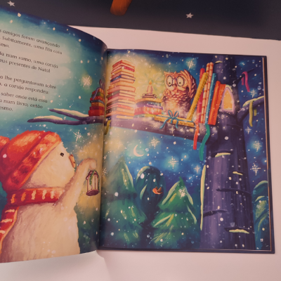 Ilustração de livro infantil com urso e coruja numa noite estrelada