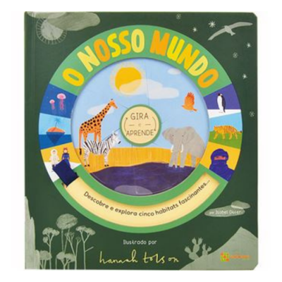 Livro infantil O Nosso Mundo com ilustrações de animais e texto em português.