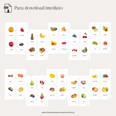 Cartas educativas de frutas com imagens e nomes em português