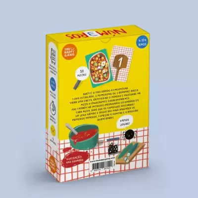 Embalagem amarela de jogo de cartas NUM3ROS com ilustrações de pizza, panela e utensílios de cozinha
