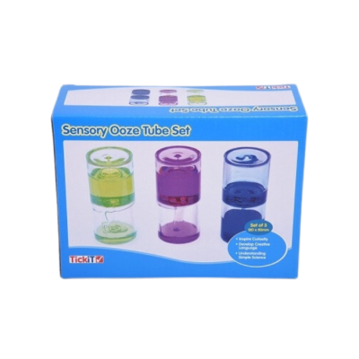 Conjunto Sensory Ooze Tube com três tubos coloridos em caixa azul e branca