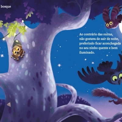 Ilustração de corujas coloridas numa árvore azul à noite com texto em português